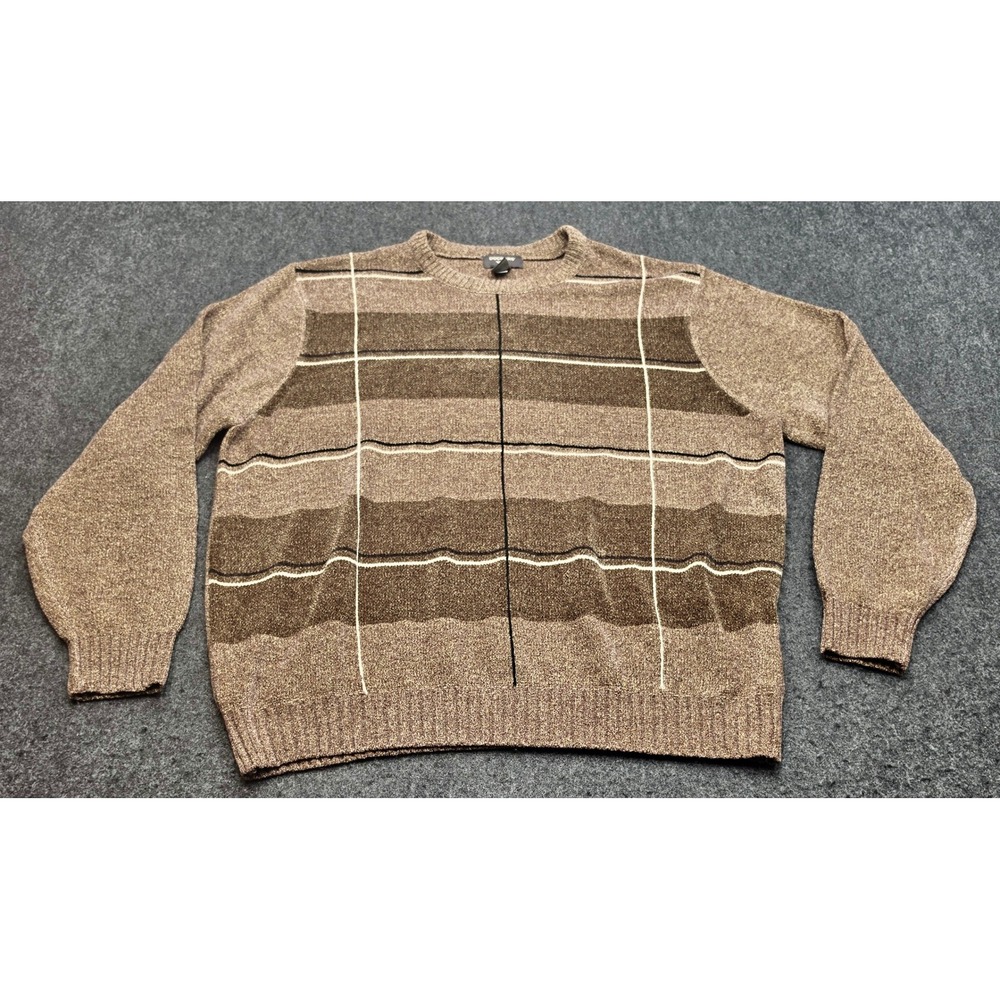 Dockers Sweater Mens XXL Brown Striped Grid Crewneck Long Sleeve Pullover
